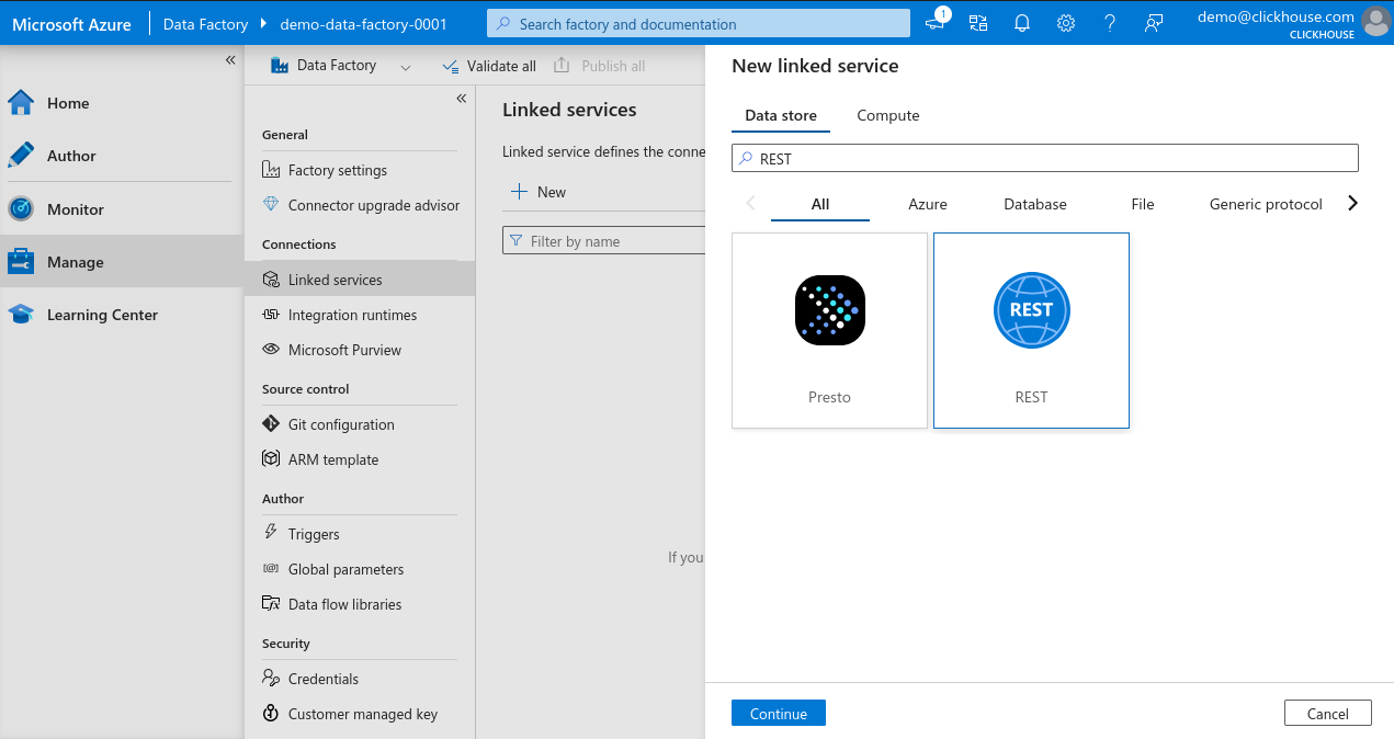 Поиск нового связанного сервиса в Azure Data Factory