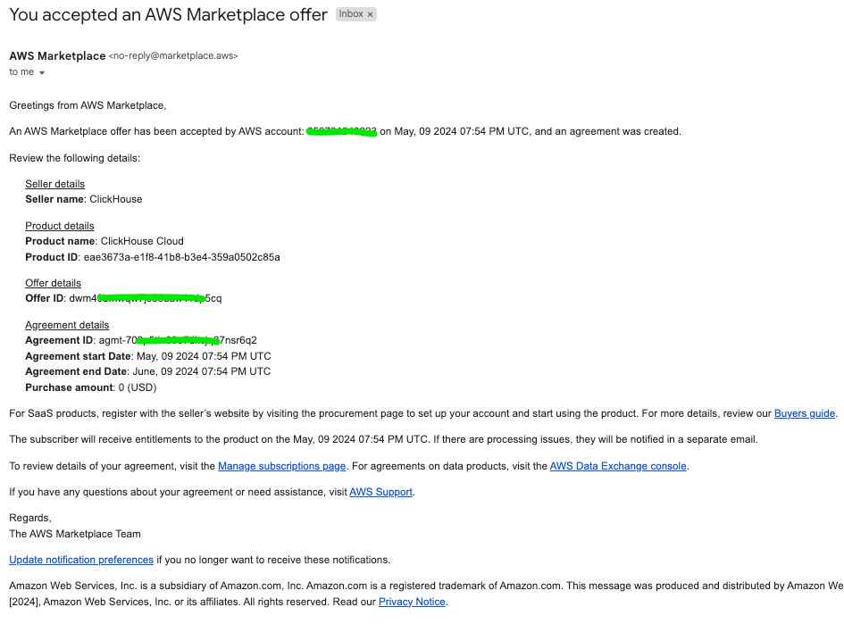 Подтверждение подписки по электронной почте от AWS Marketplace
