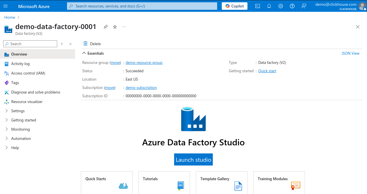 Страница Data Factory в портале Azure