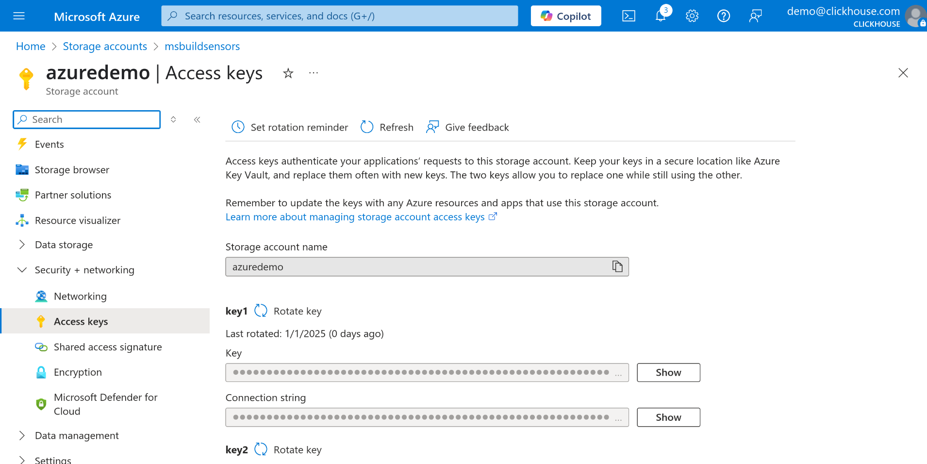 Ключи доступа хранилища Azure