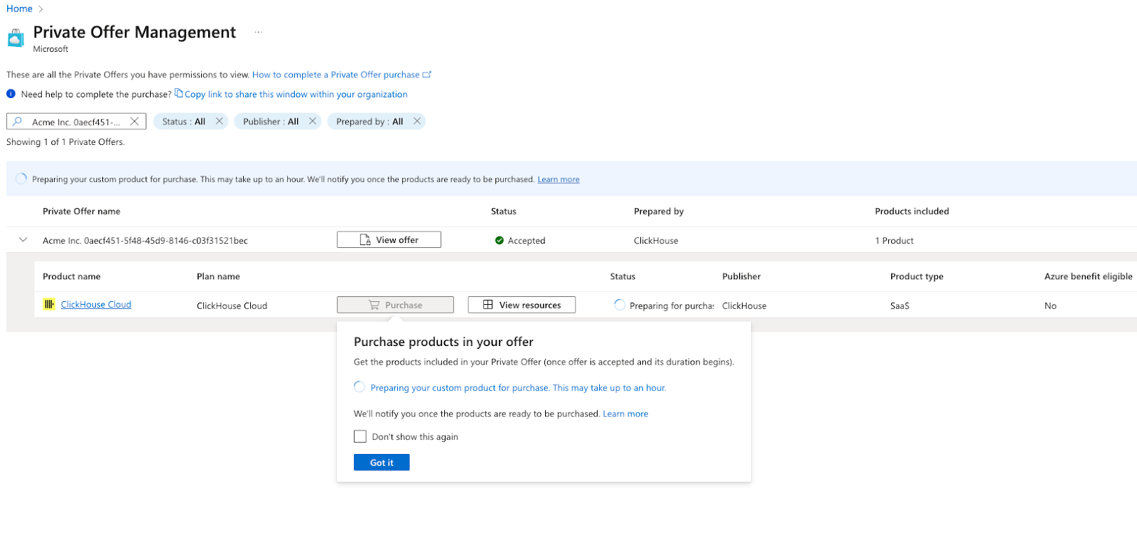 Страница управления личным предложением Azure Marketplace