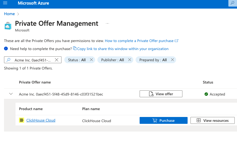 Страница управления личным предложением Azure Marketplace, покупка включена