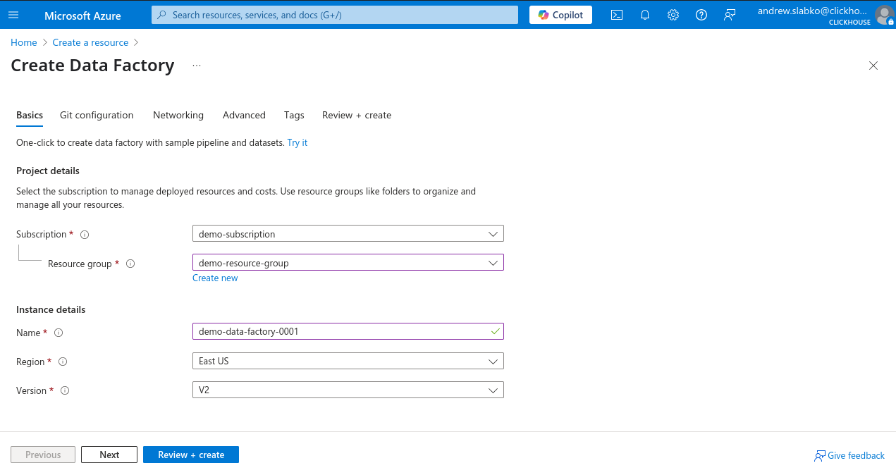Новая инстанция Data Factory в портале Azure