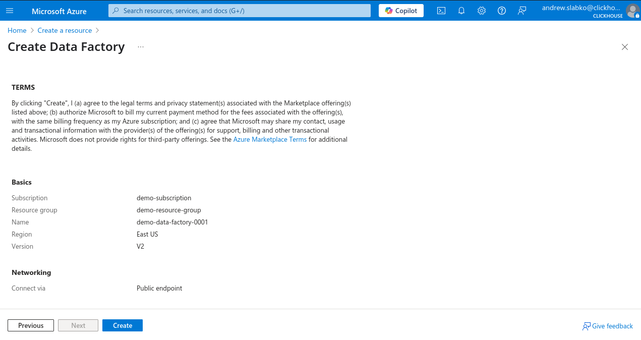Подтверждение новой инстанции Data Factory в портале Azure