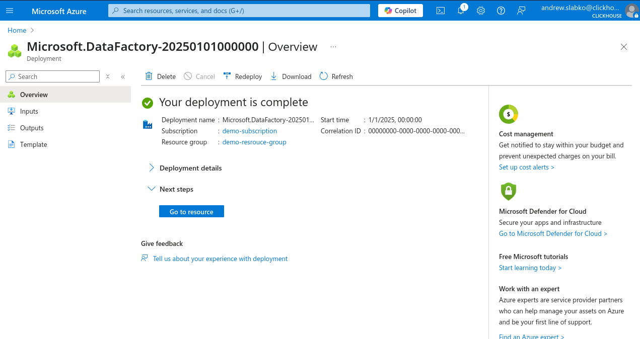 Успех новой инстанции Data Factory в портале Azure