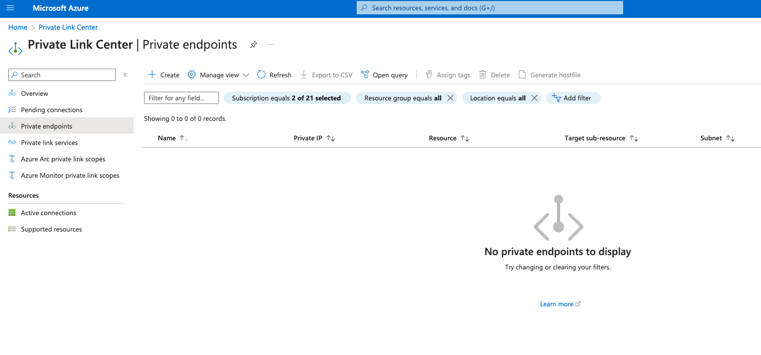 Откройте Центр частных ссылок Azure
