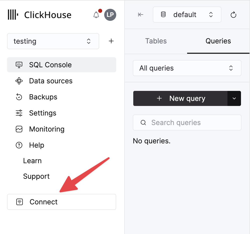 Кнопка подключения к сервису ClickHouse Cloud