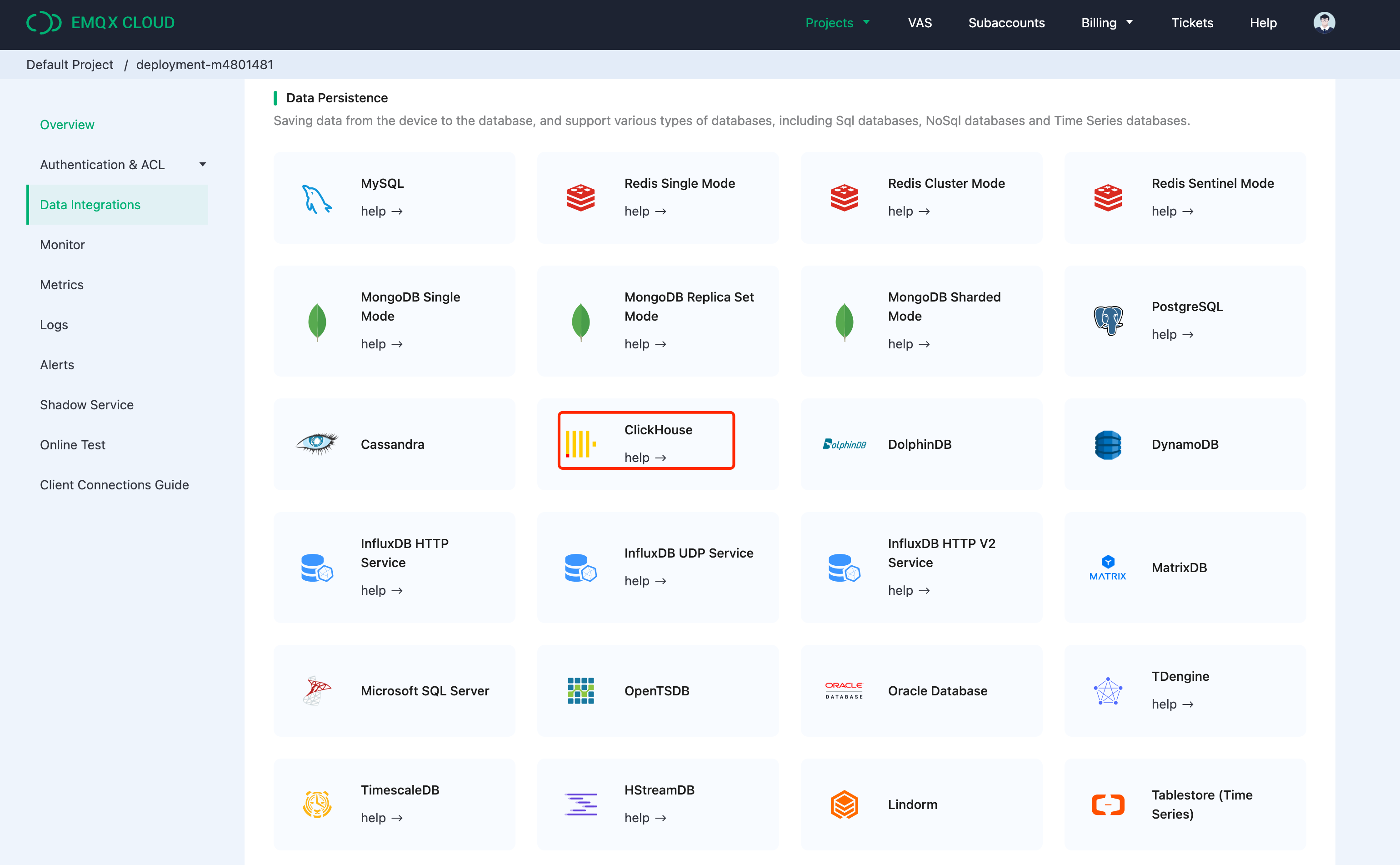 Подробности соединителя интеграции данных EMQX Cloud с ClickHouse