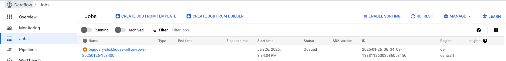 Консоль DataFlow, показывающая запущенное задание BigQuery в ClickHouse