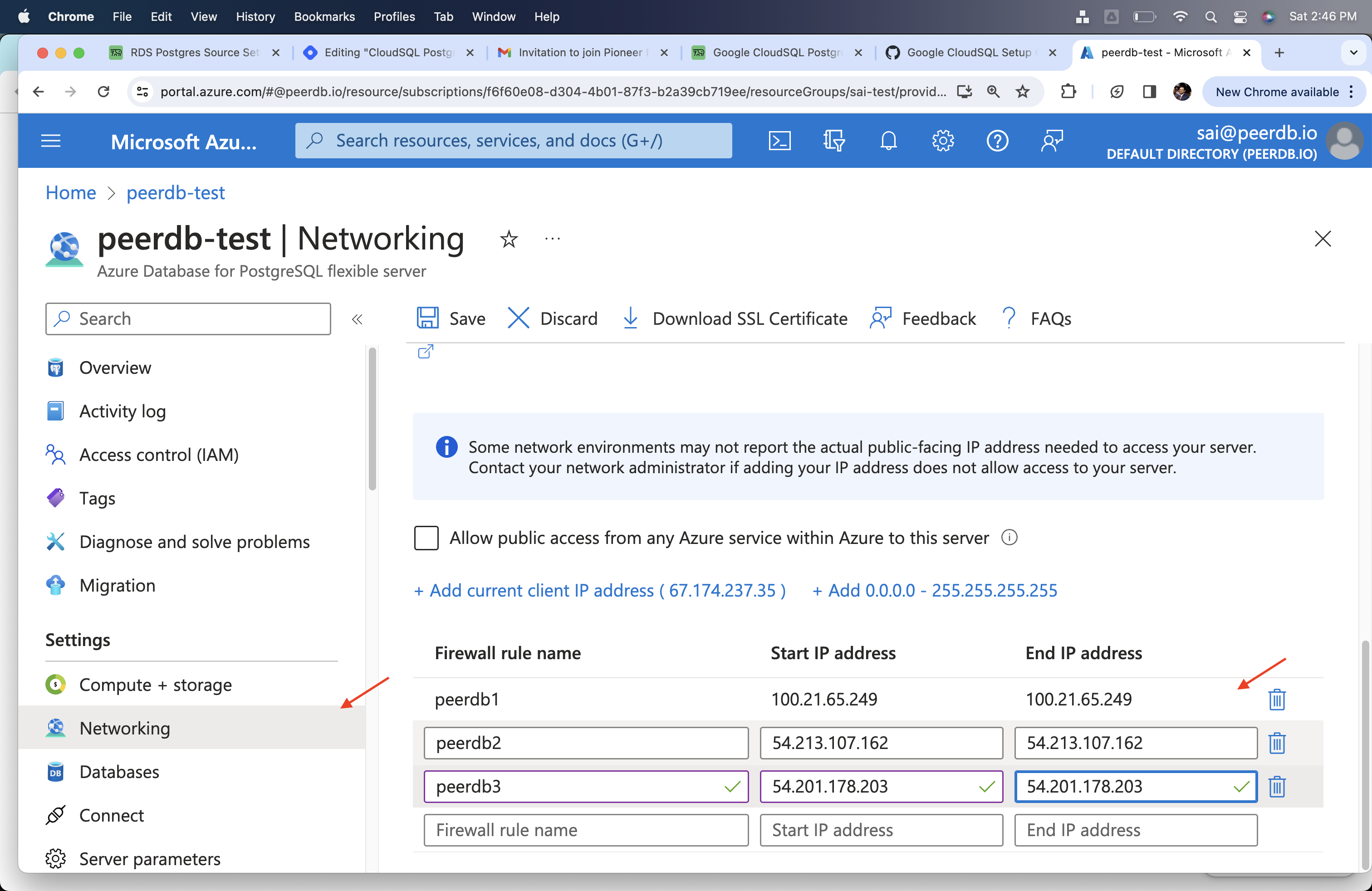 Добавление IP-адресов ClickPipes в брандмауэр Гибкого сервера Azure для Postgres