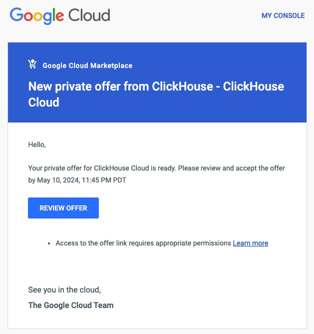 Электронное письмо с приватным предложением GCP Marketplace