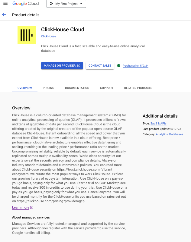 Страница ClickHouse Cloud GCP Marketplace