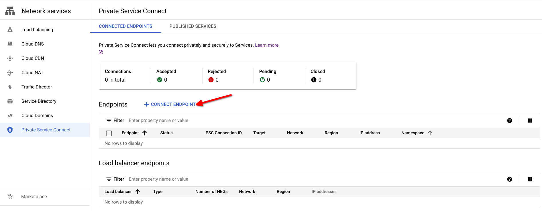 Откройте Частное Соединение Сервисов в консоли Google Cloud