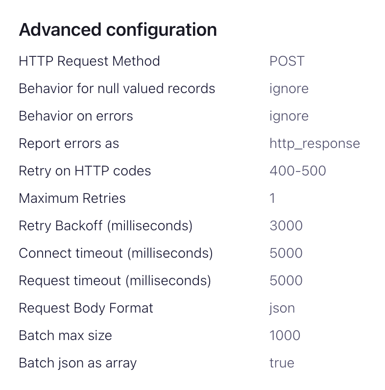 Интерфейс Confluent Cloud, показывающий параметры расширенной конфигурации для HTTP Sink connector