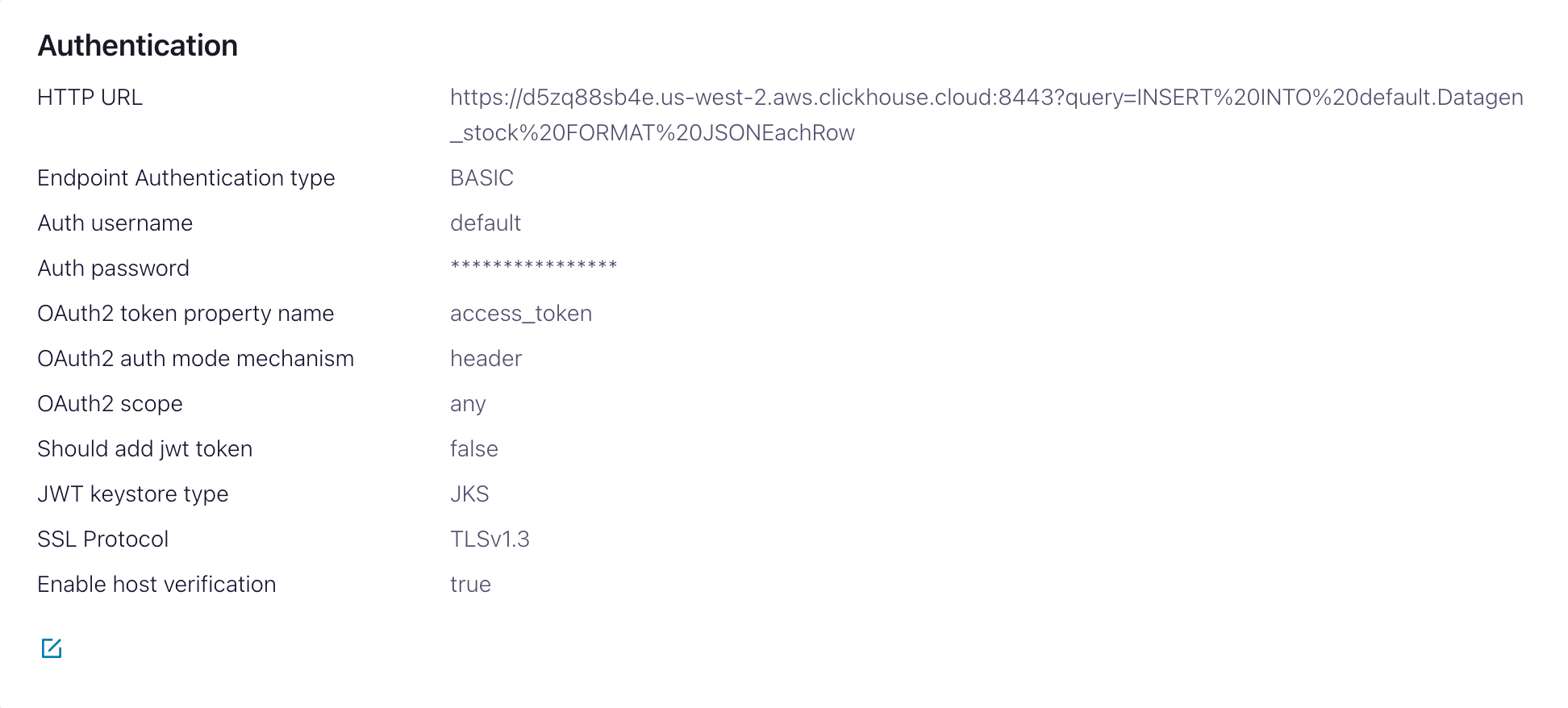 Интерфейс Confluent Cloud, показывающий настройки аутентификации для HTTP Sink connector
