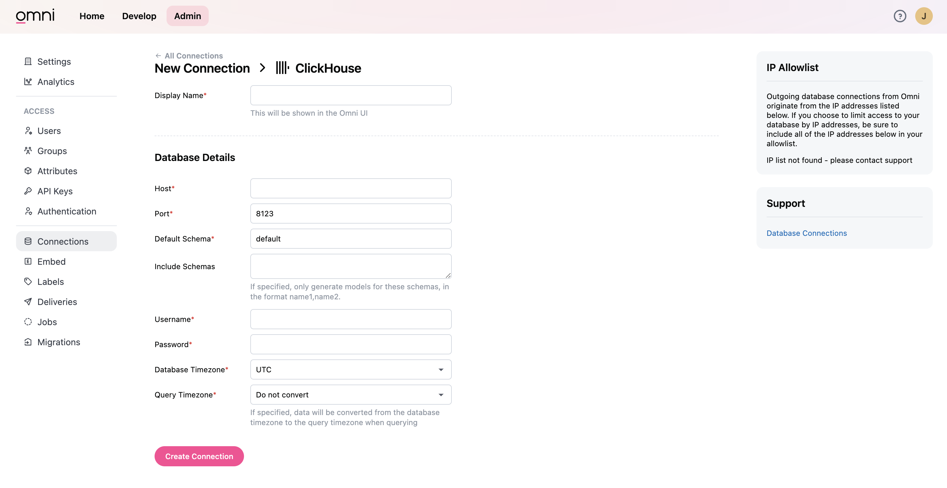 Интерфейс конфигурации подключения Omni для ClickHouse, показывающий поля формы для учетных данных
