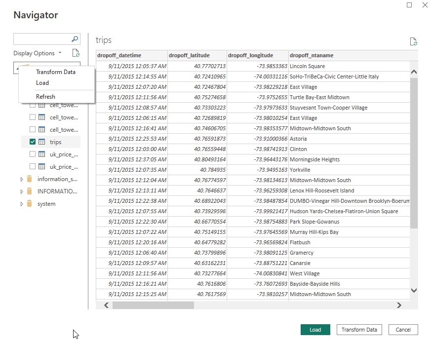 Представление Навигатор Power BI, показывающее таблицы базы данных ClickHouse и образец данных