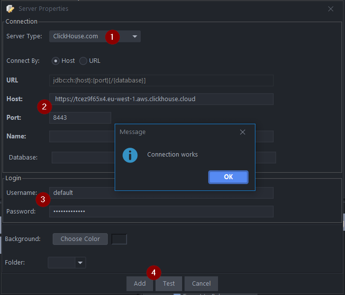 Экран настройки подключения базы данных QStudio с настройками подключения к ClickHouse