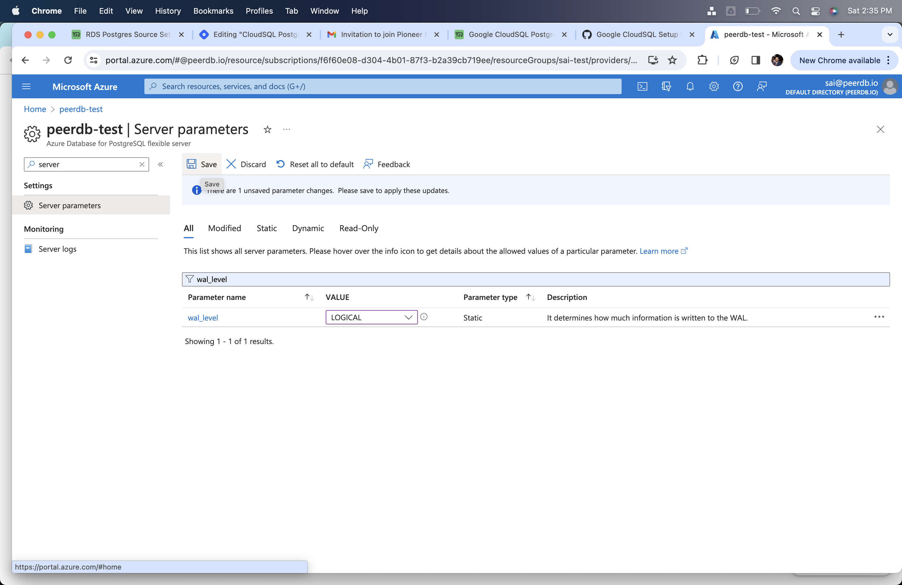 Изменение wal_level на logical в Гибком сервере Azure для Postgres