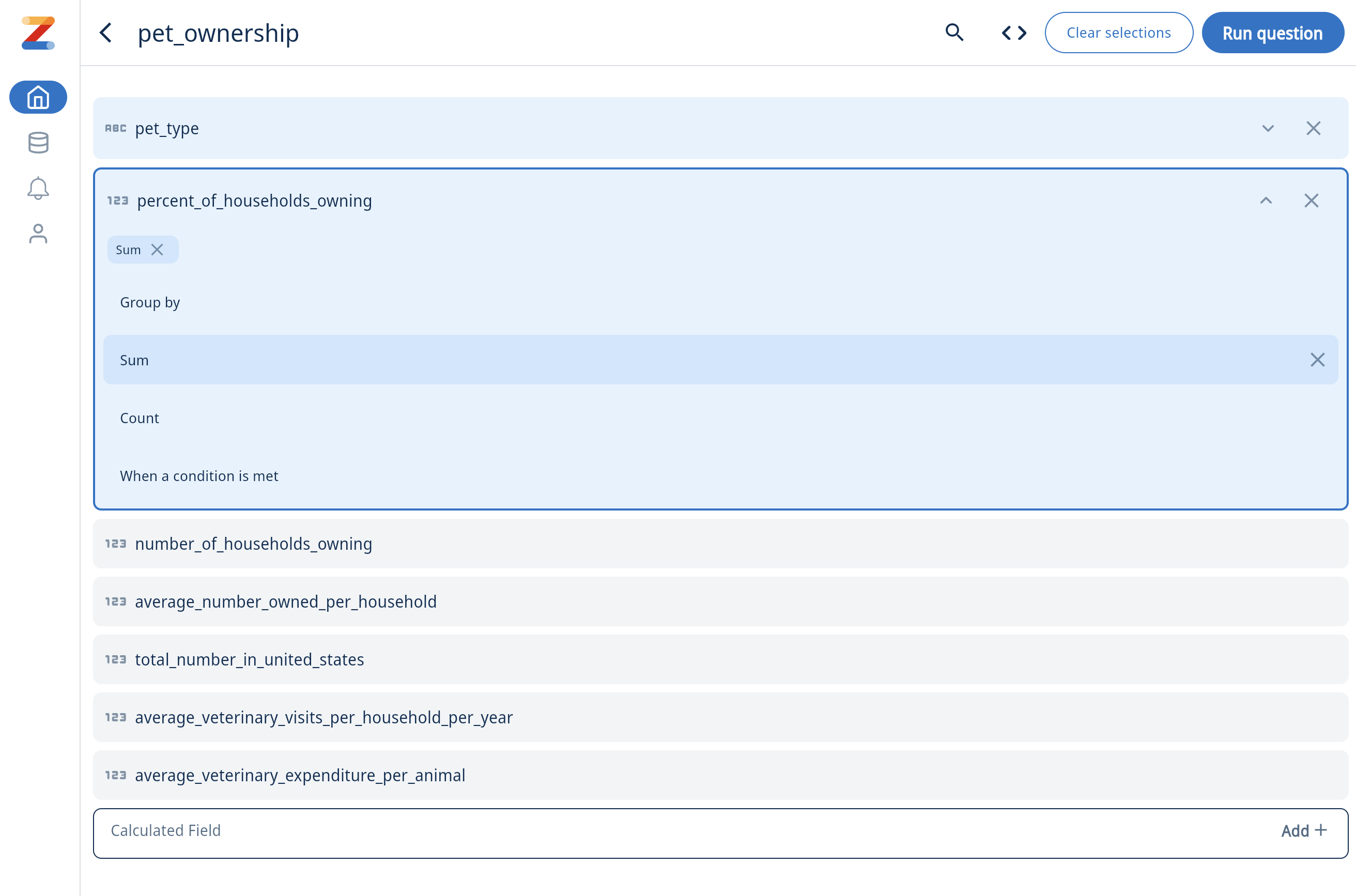 Интерфейс визуального конструктора запросов Zing Data с опциями выбора полей и агрегации